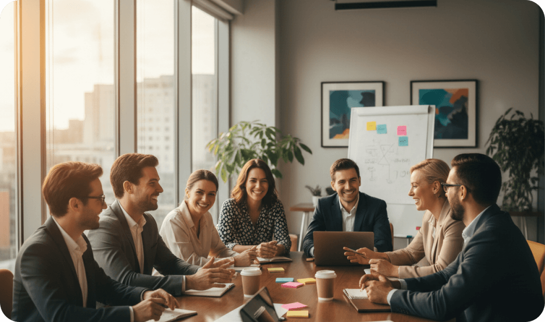 A team talking through engagement results around a meeting table