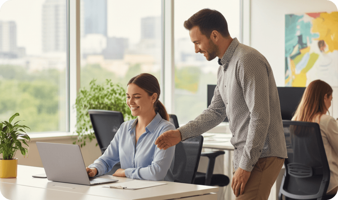 A manager welcoming a new hire on their first day