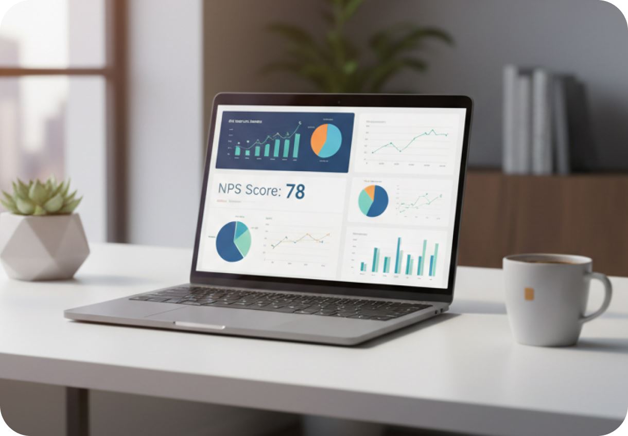 A laptop on a desk showing an NPS score dashboard