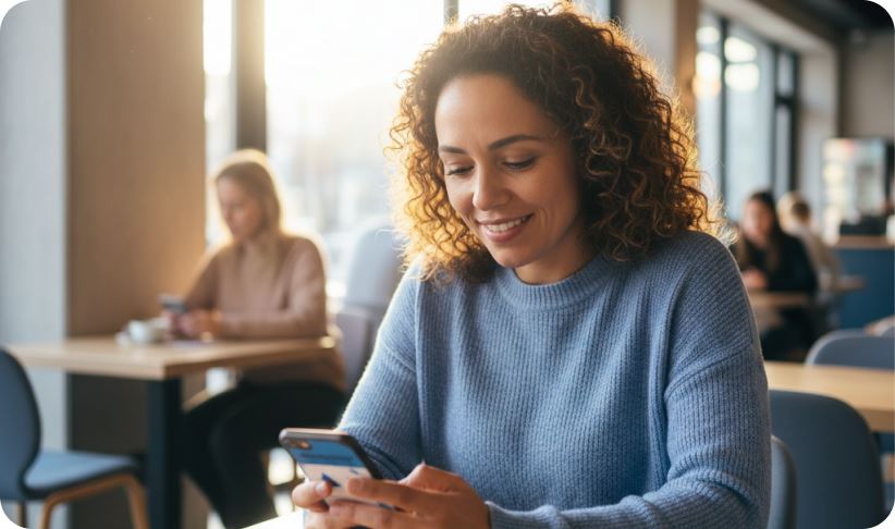 A customer answering a satisfaction survey on her phone in a cafe