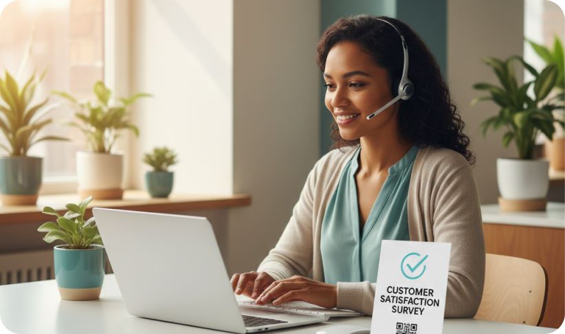 A support agent wearing a headset at a laptop