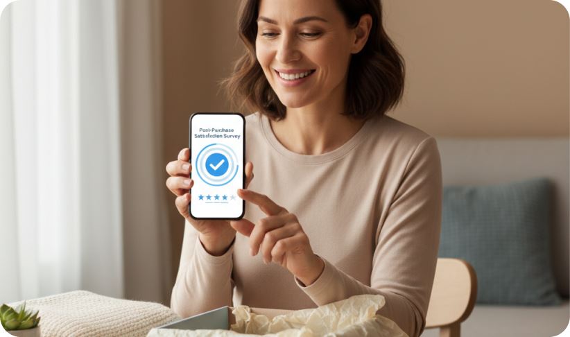 A customer leaving feedback on her phone after a delivery