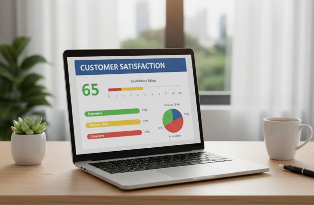 A laptop showing a Net Promoter Score dashboard